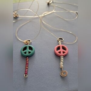 Peace Sign Pendant Necklace Set - Friendship Necklesses Pink and Teal